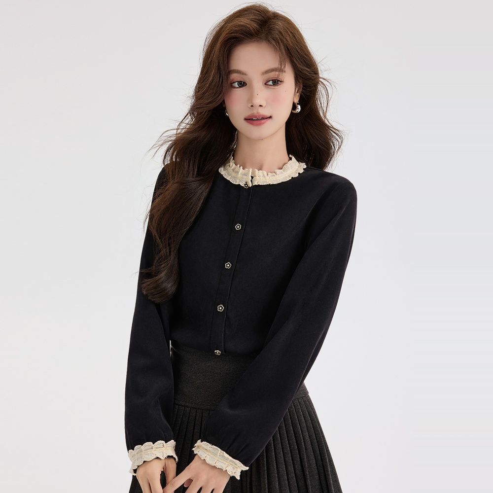 Lace round neck shirt black tops for women