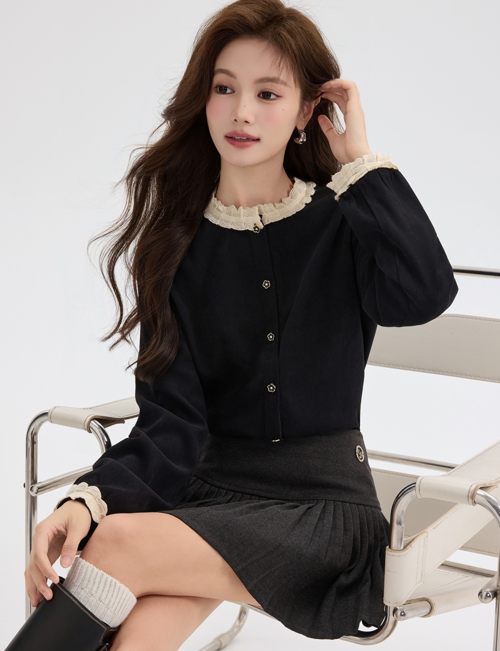 Lace round neck shirt black tops for women