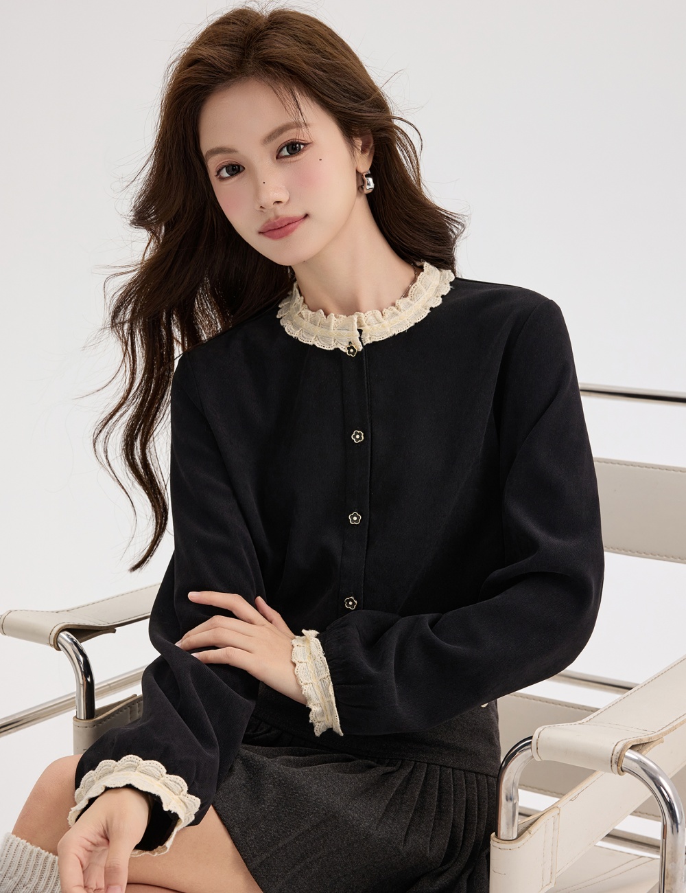 Lace round neck shirt black tops for women