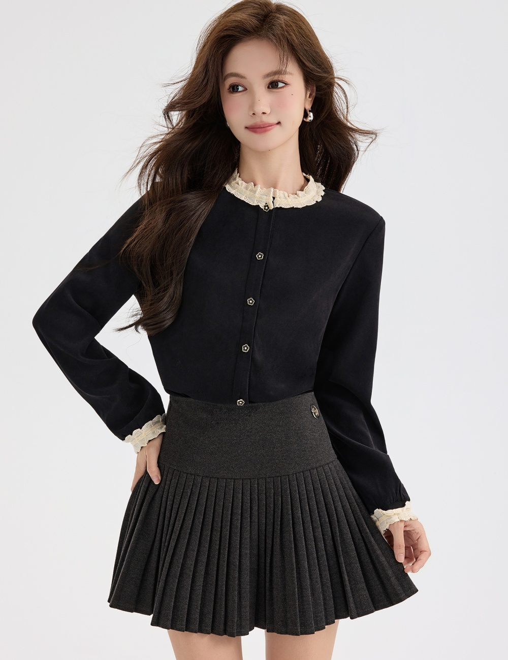 Lace round neck shirt black tops for women
