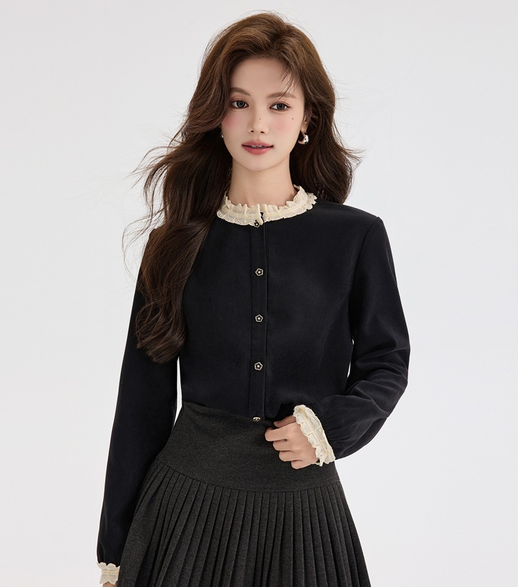 Lace round neck shirt black tops for women
