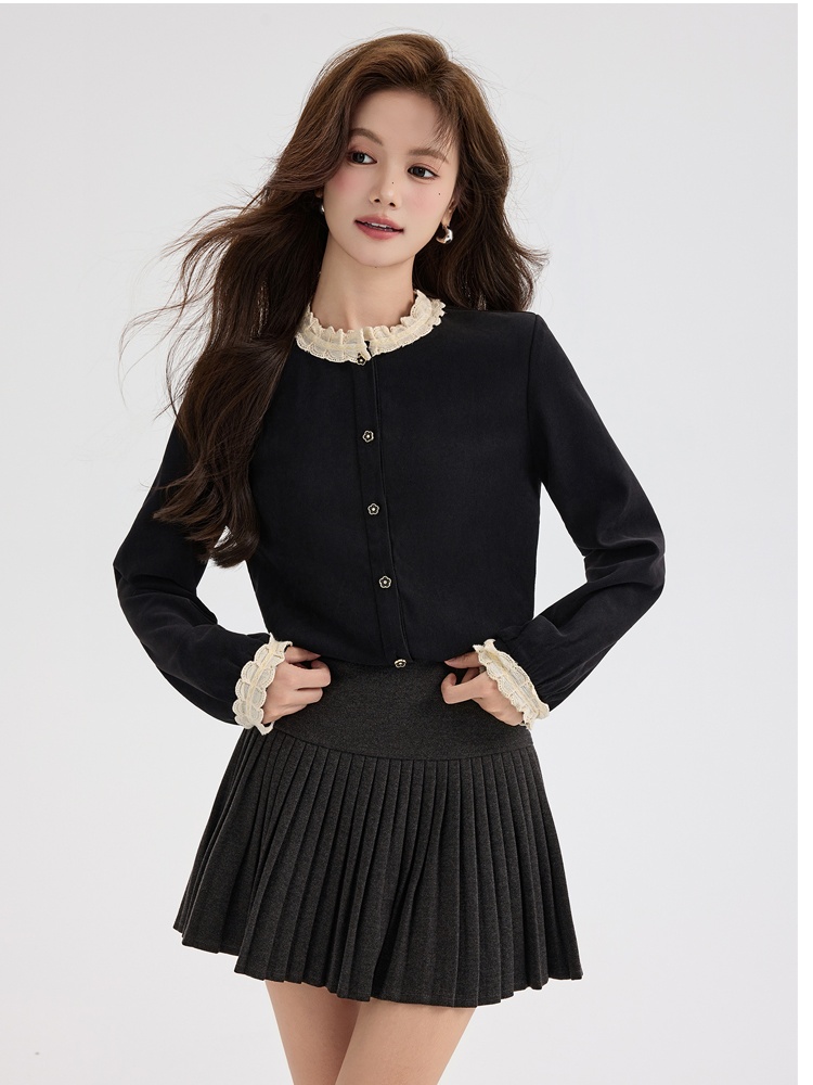 Lace round neck shirt black tops for women