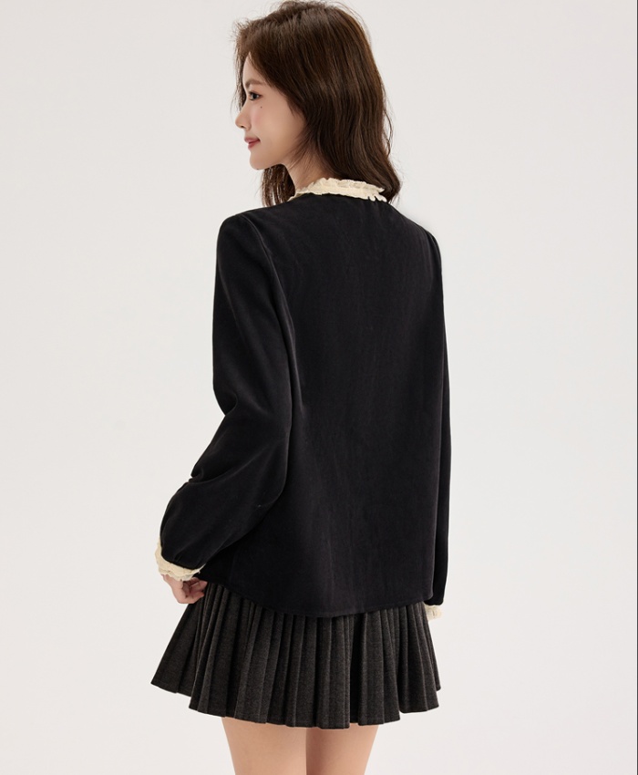 Lace round neck shirt black tops for women