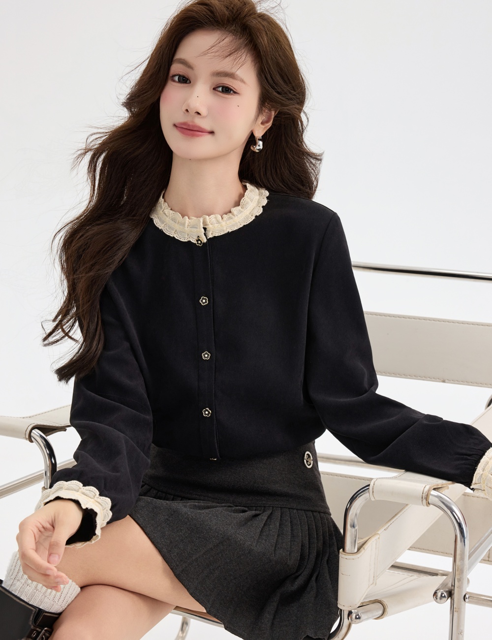 Lace round neck shirt black tops for women