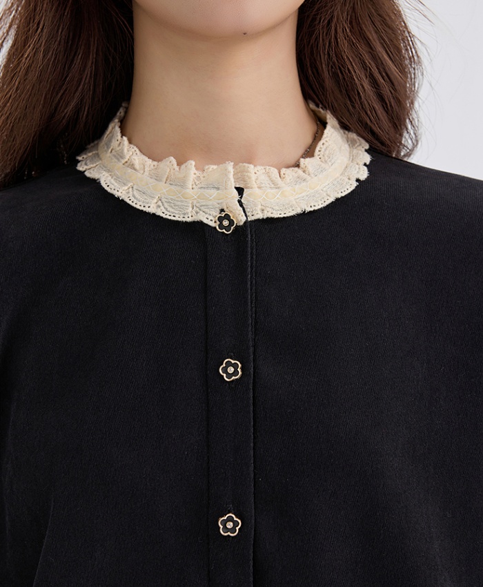 Lace round neck shirt black tops for women
