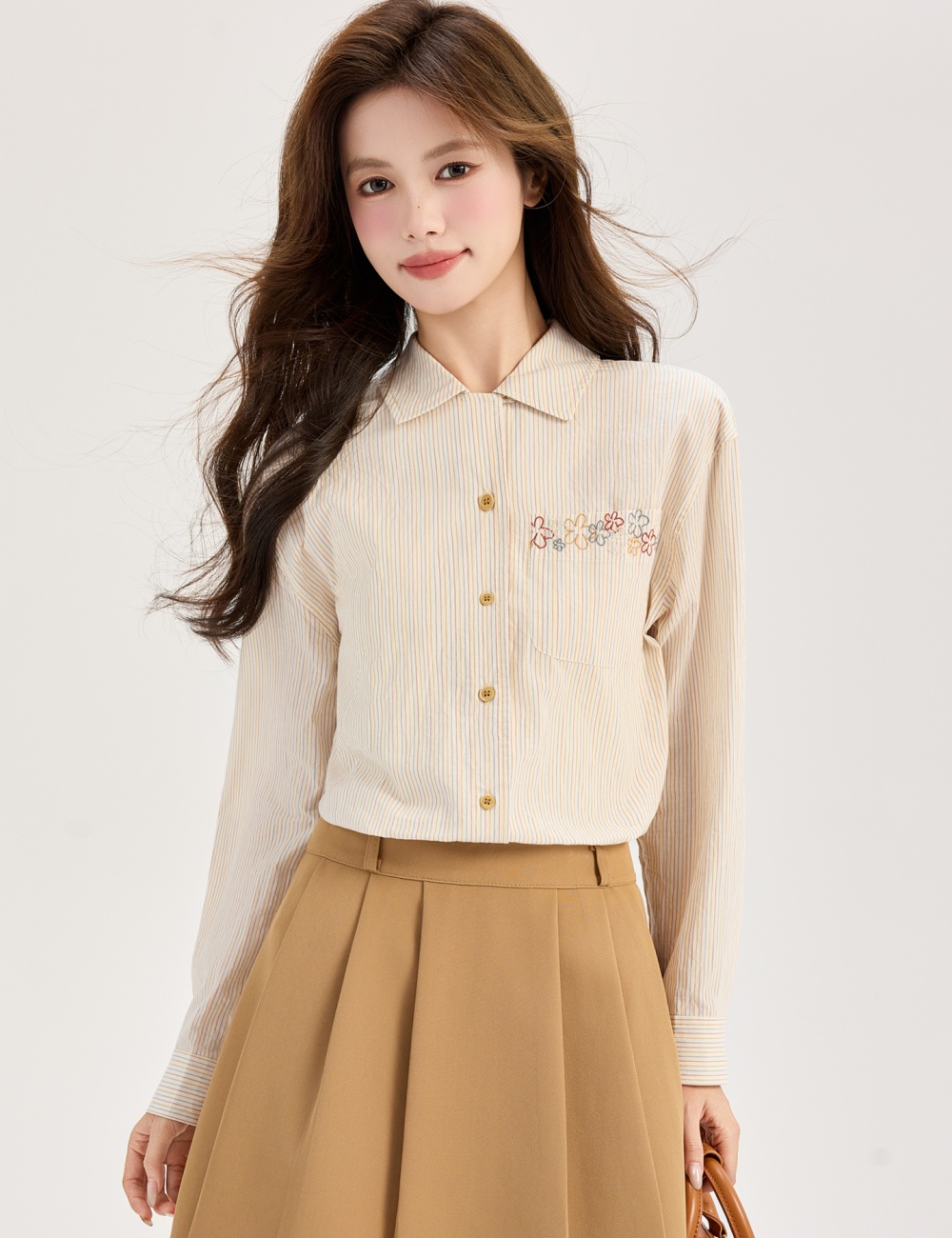 Embroidery France style shirt stripe small shirt for women