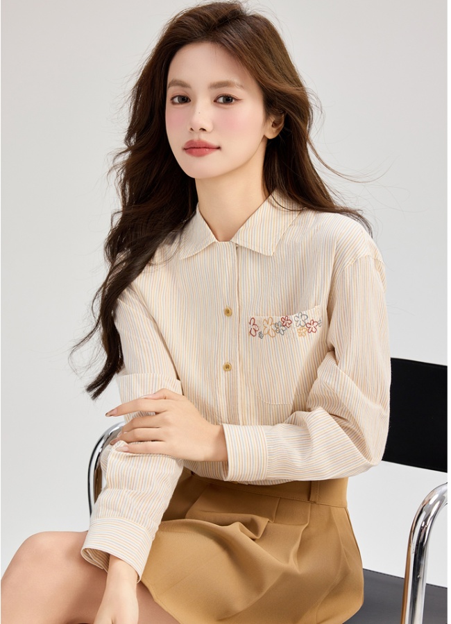 Embroidery France style shirt stripe small shirt for women