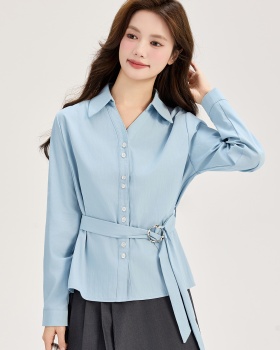 Spring pinched waist shirt long sleeve V-neck tops