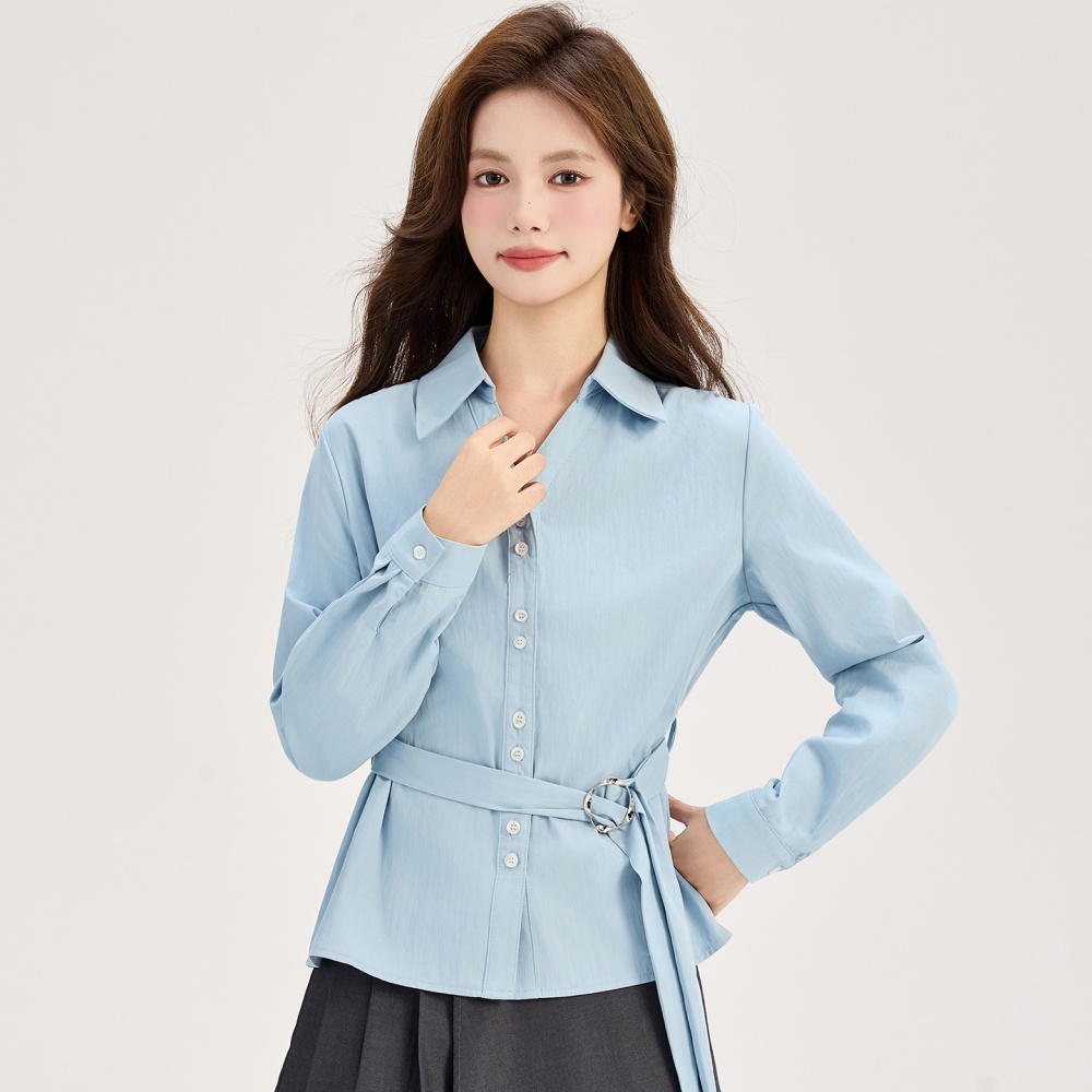 Spring pinched waist shirt long sleeve V-neck tops