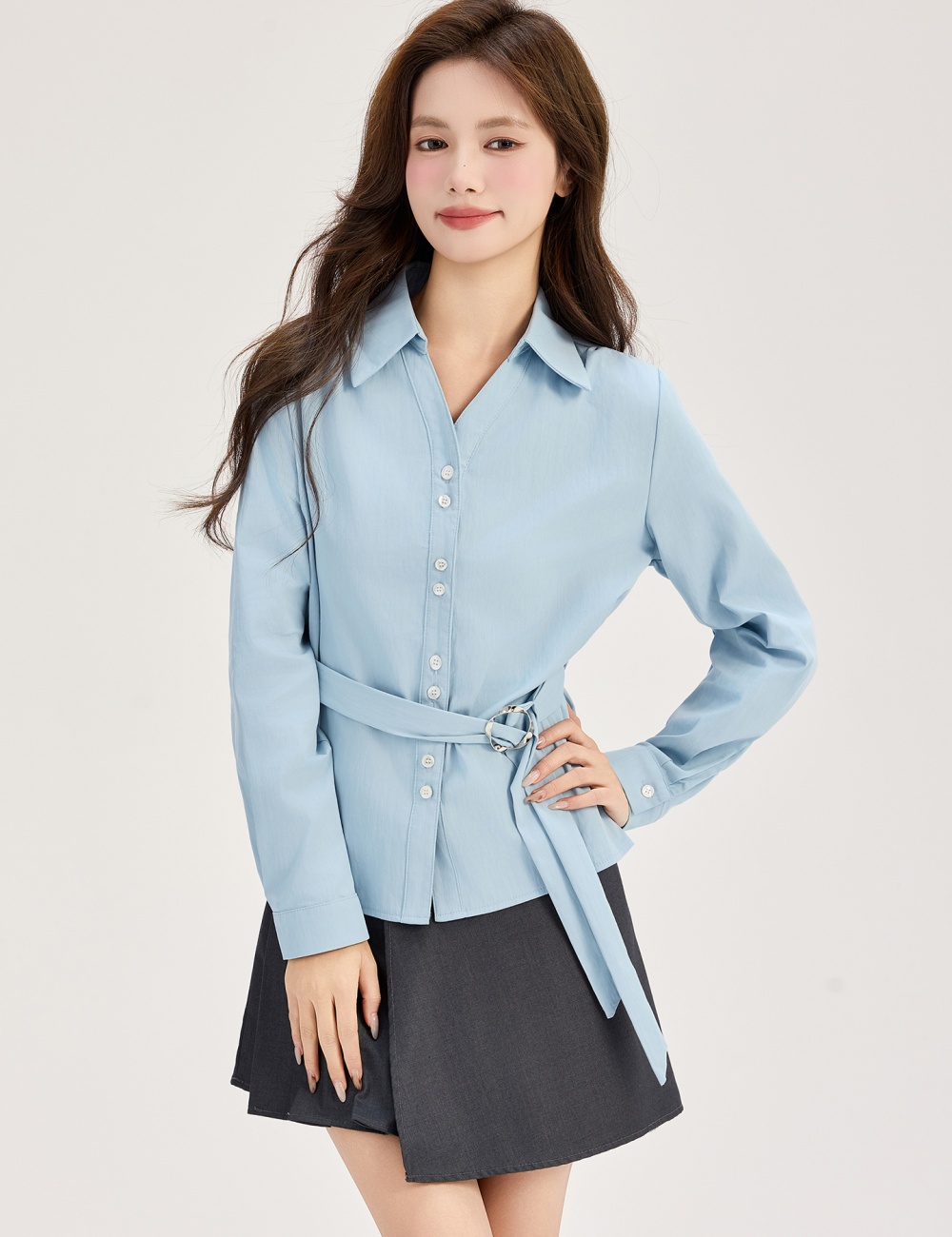 Spring pinched waist shirt long sleeve V-neck tops