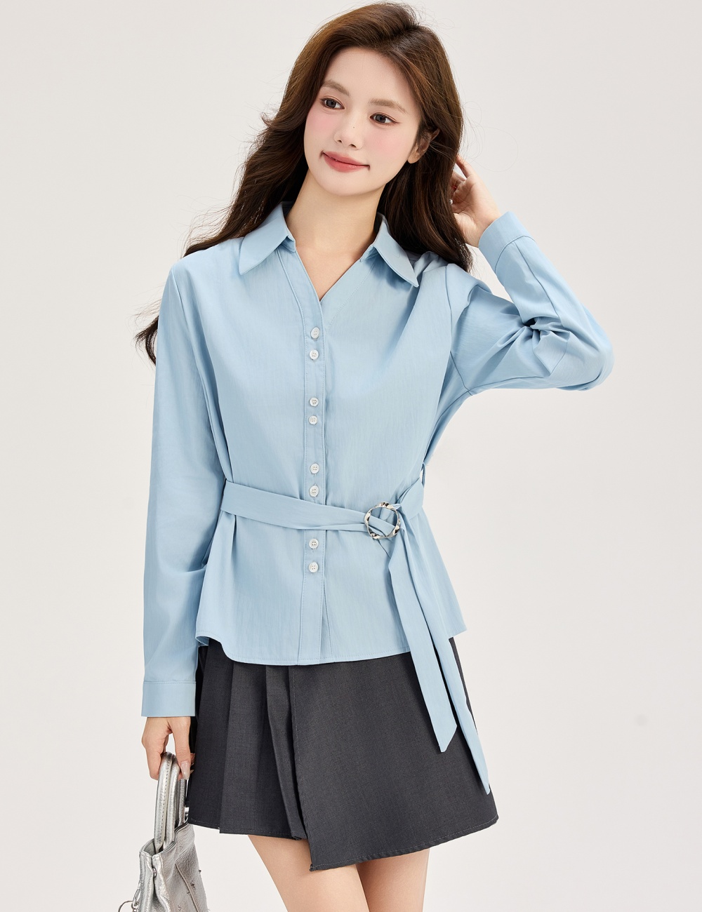 Spring pinched waist shirt long sleeve V-neck tops