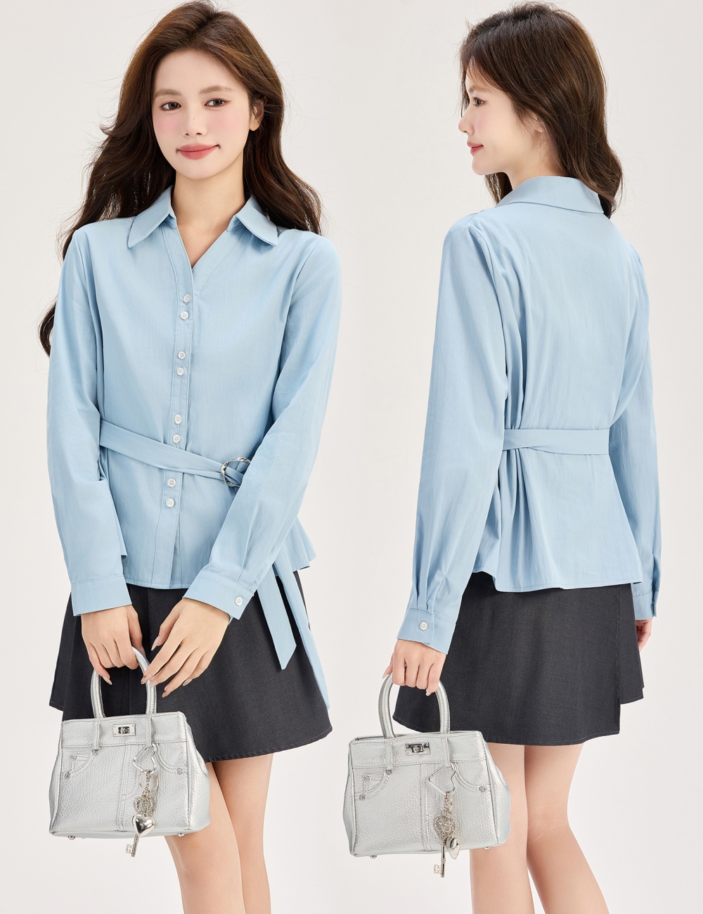 Spring pinched waist shirt long sleeve V-neck tops