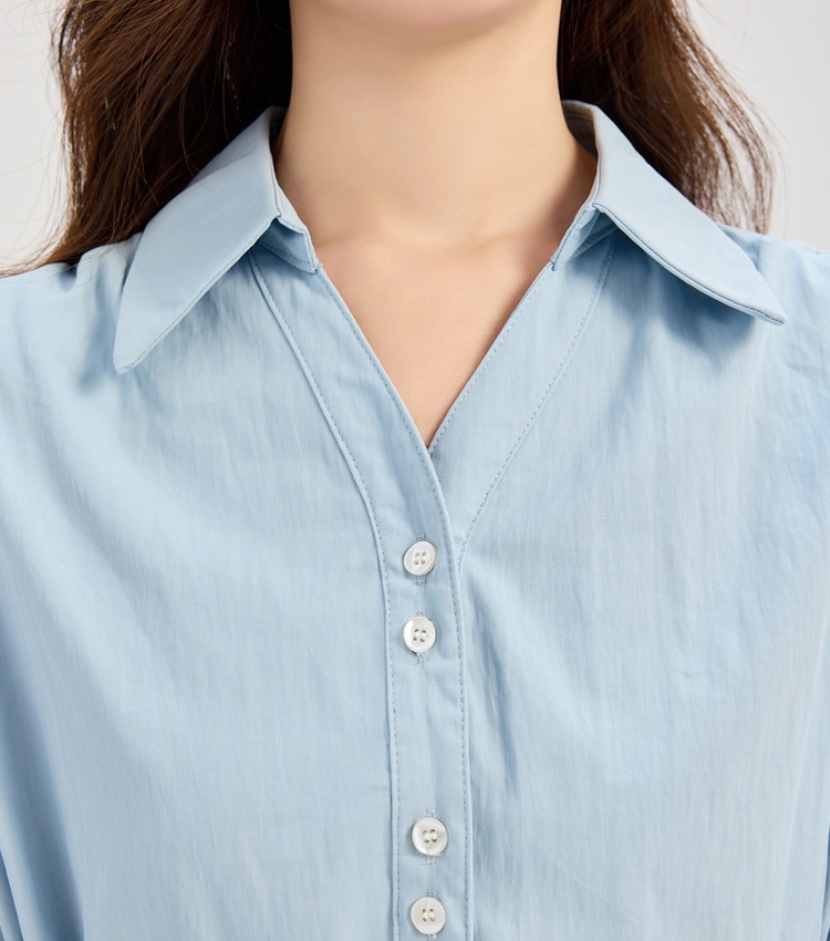 Spring pinched waist shirt long sleeve V-neck tops