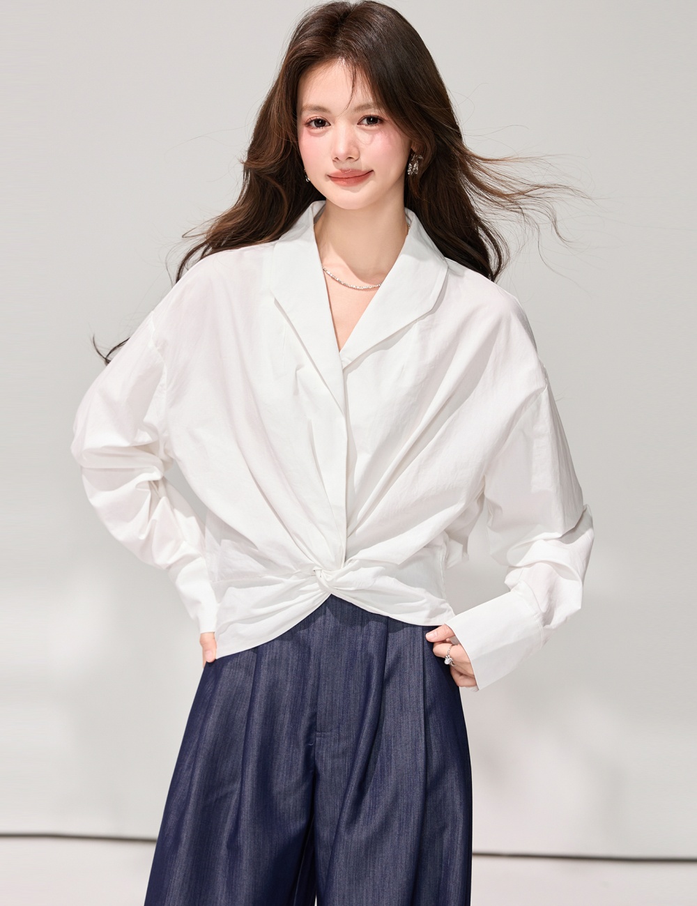 Slim V-neck loose tops white spring temperament shirt