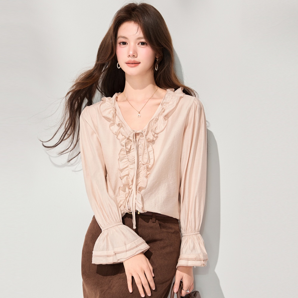 V-neck frenum tops wood ear temperament shirt for women