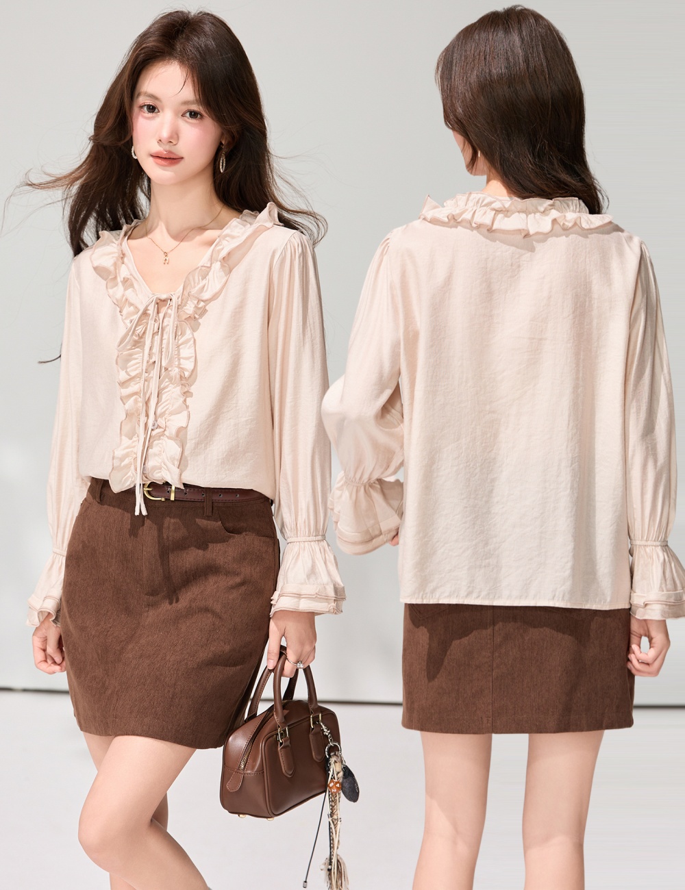 V-neck frenum tops wood ear temperament shirt for women