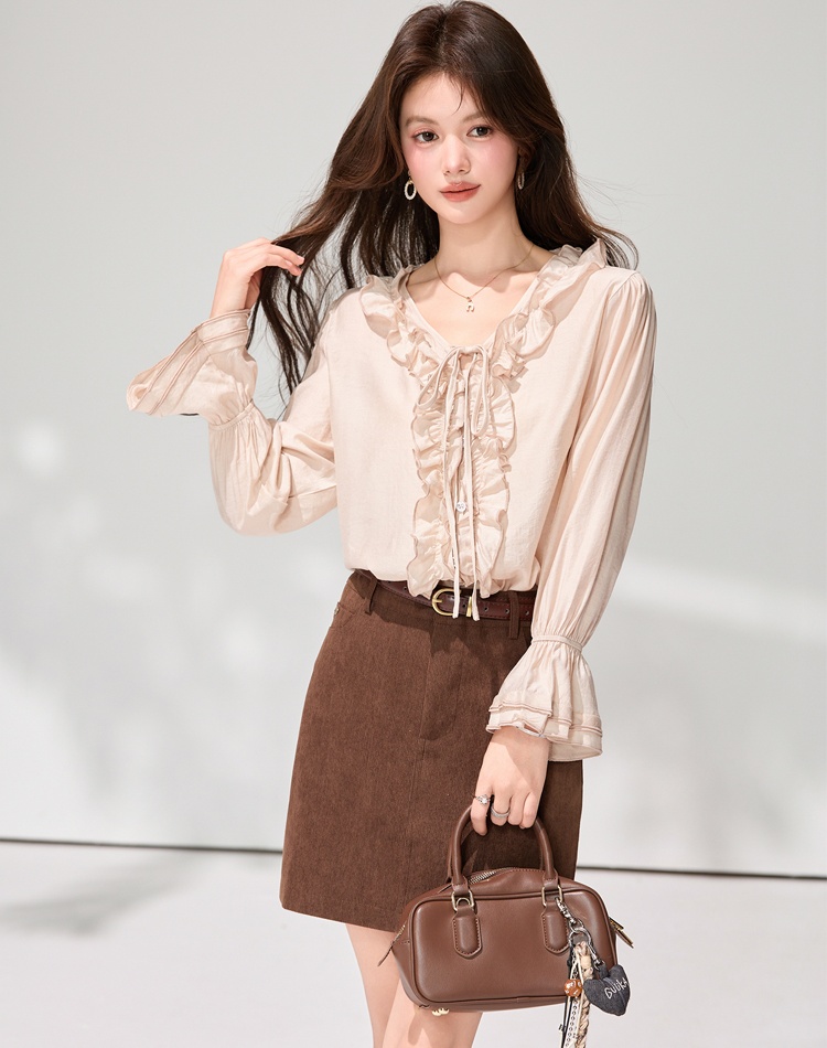 V-neck frenum tops wood ear temperament shirt for women