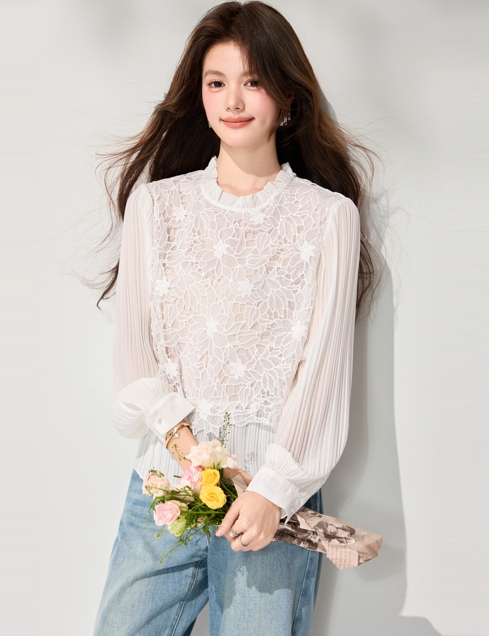Splice lace spring shirts slim embroidery shirt