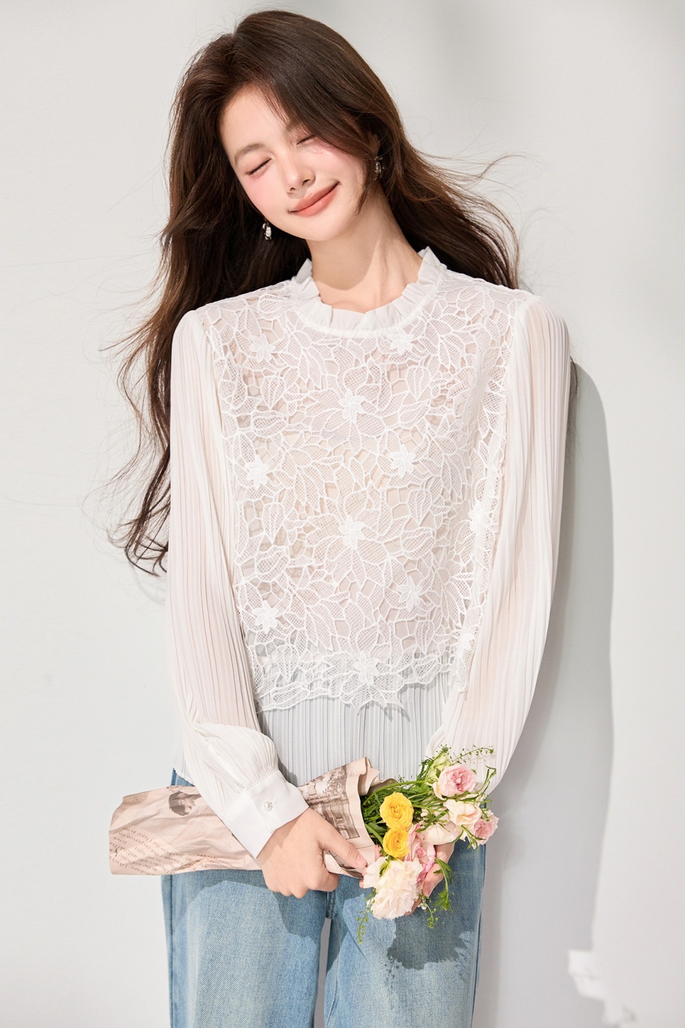 Splice lace spring shirts slim embroidery shirt