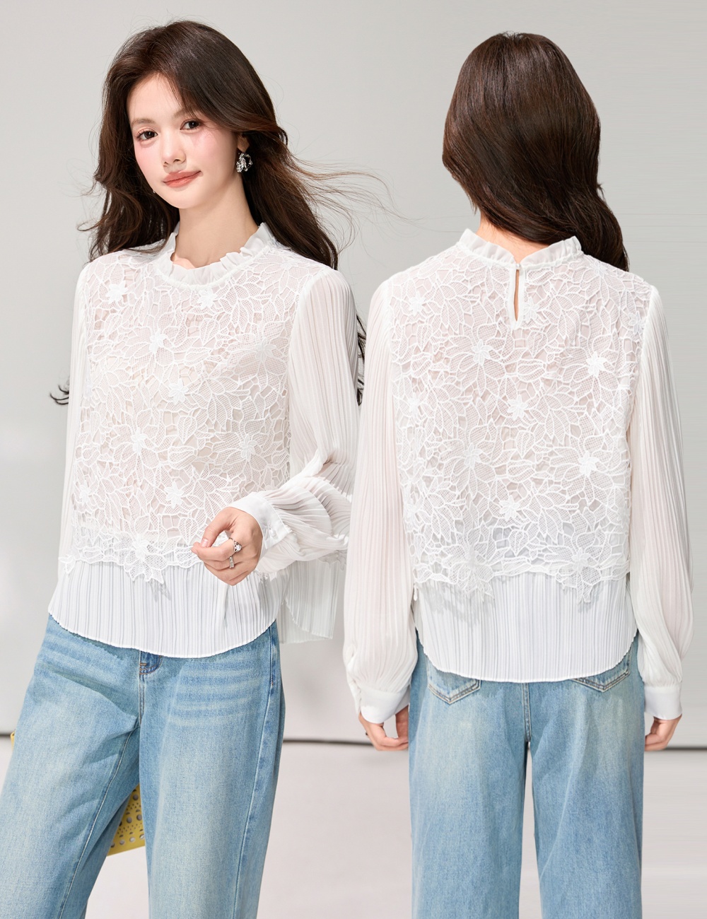 Splice lace spring shirts slim embroidery shirt