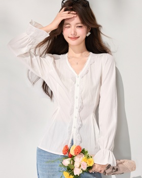 White spring lace shirt splice France style tops