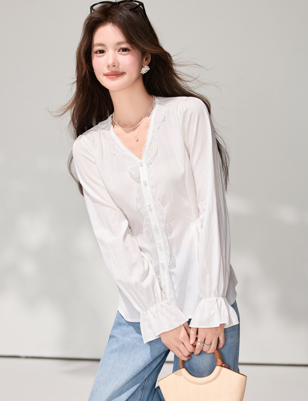 White spring lace shirt splice France style tops