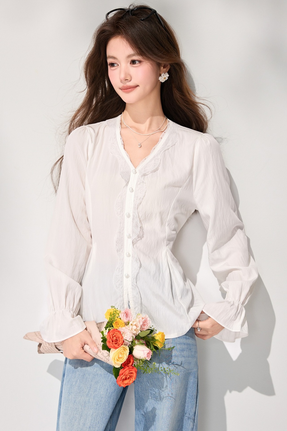 White spring lace shirt splice France style tops