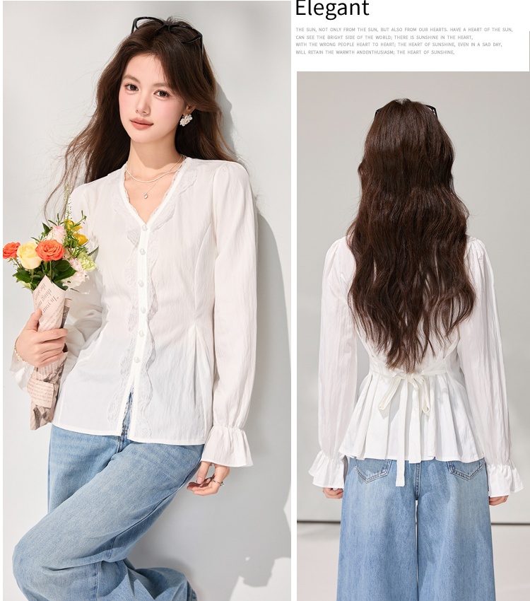 White spring lace shirt splice France style tops