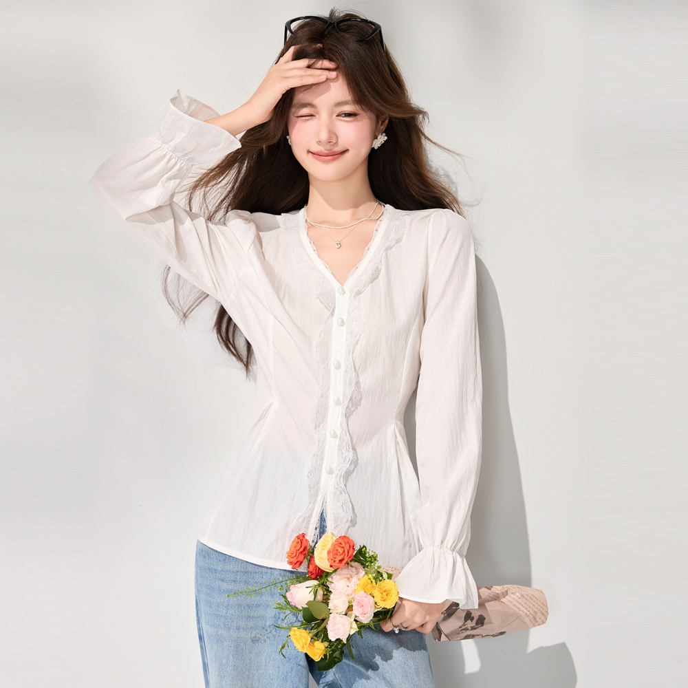 White spring lace shirt splice France style tops
