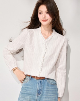France style lace long sleeve V-neck white shirt