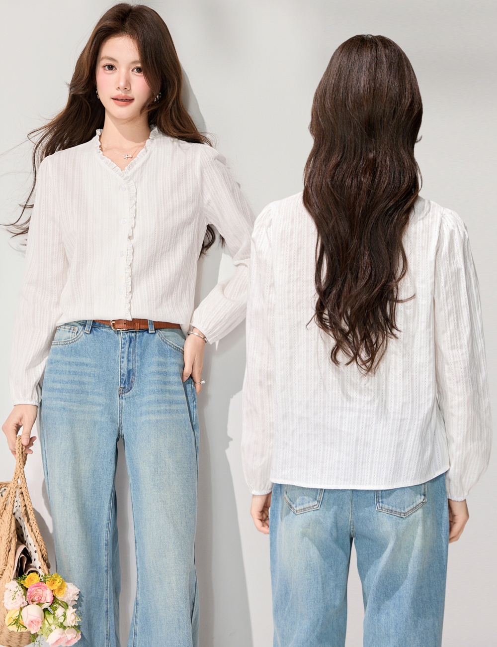 France style lace long sleeve V-neck white shirt