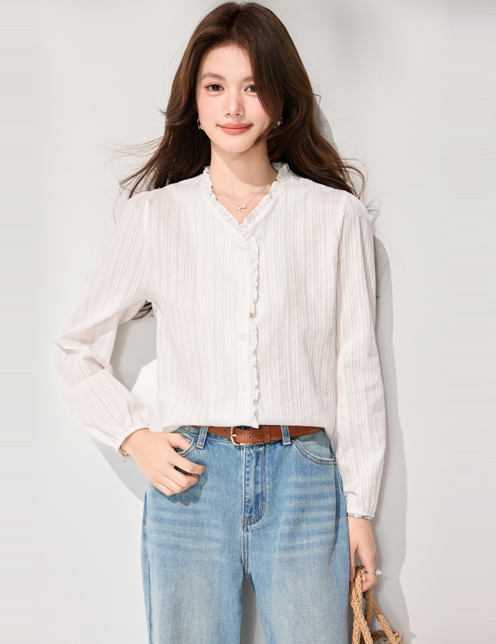 France style lace long sleeve V-neck white shirt