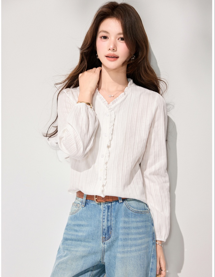 France style lace long sleeve V-neck white shirt