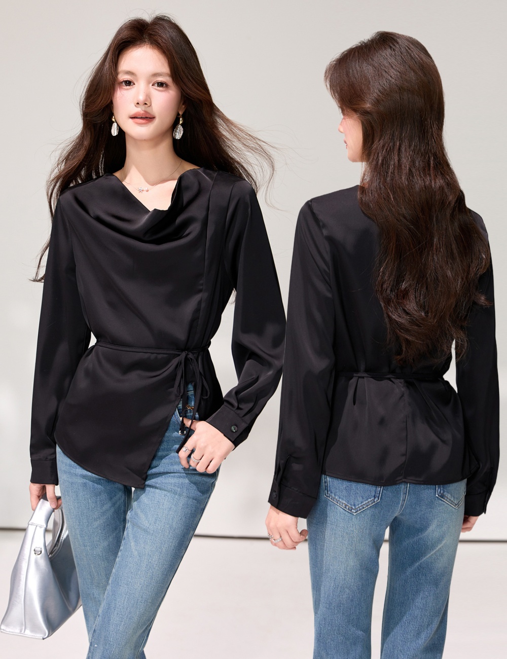 Temperament split shirt spring satin tops