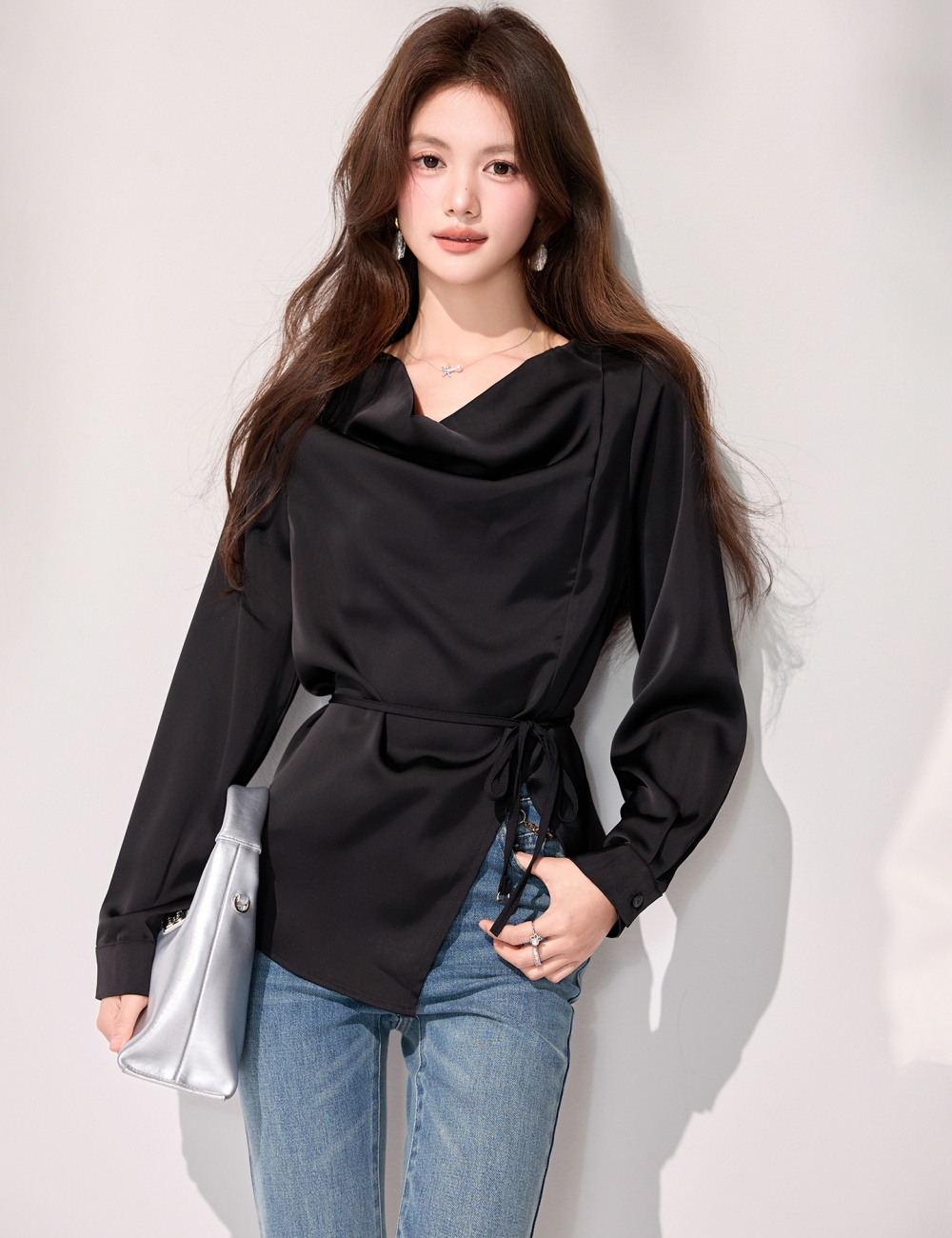 Temperament split shirt spring satin tops
