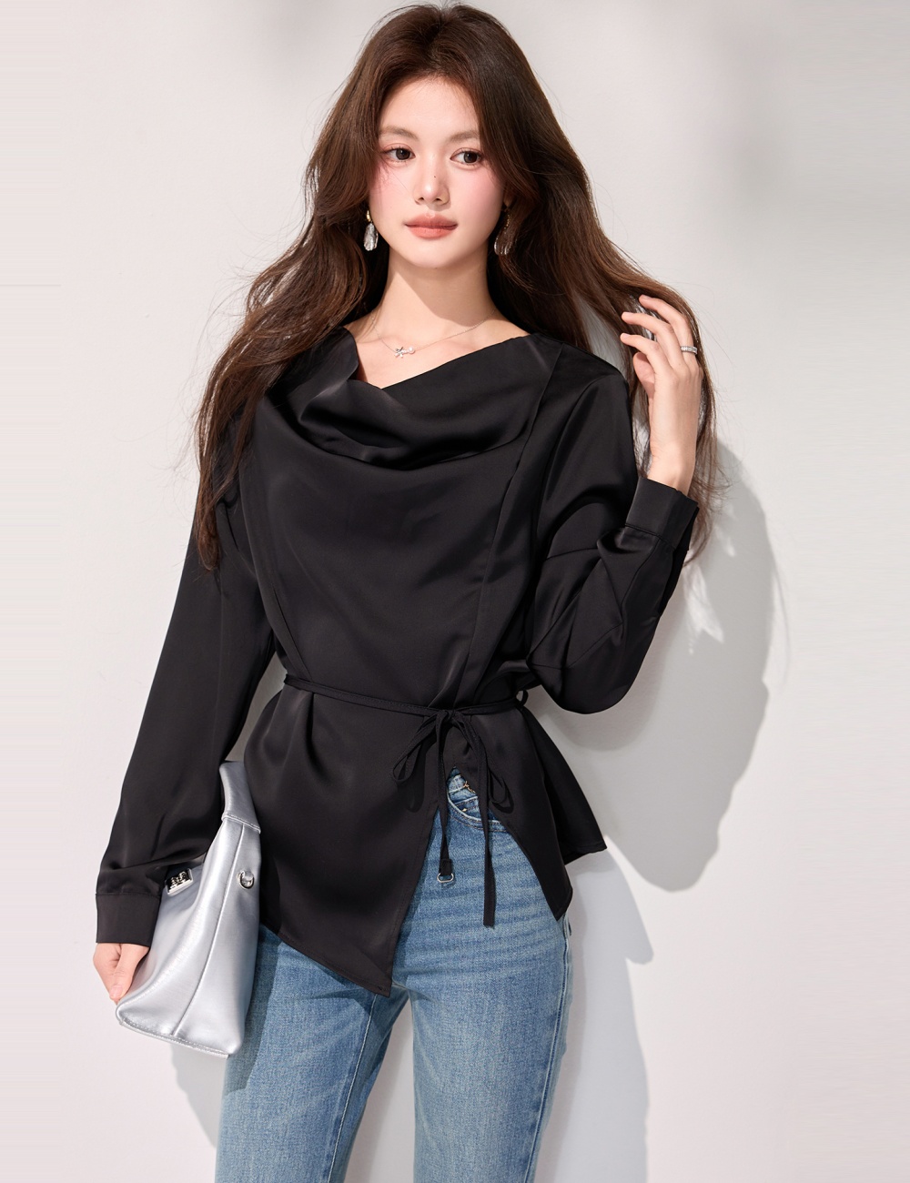 Temperament split shirt spring satin tops