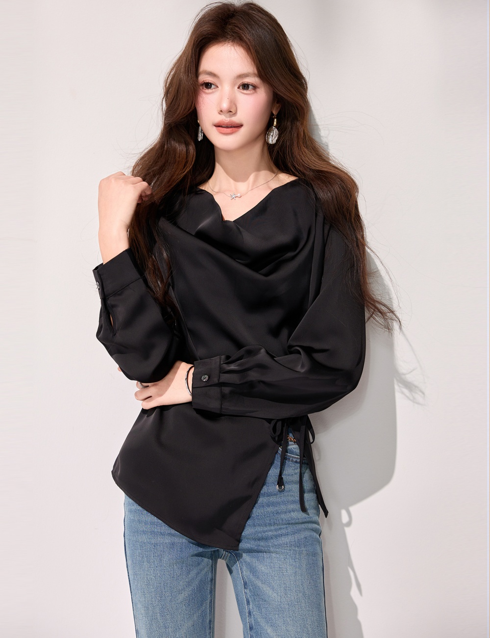 Temperament split shirt spring satin tops