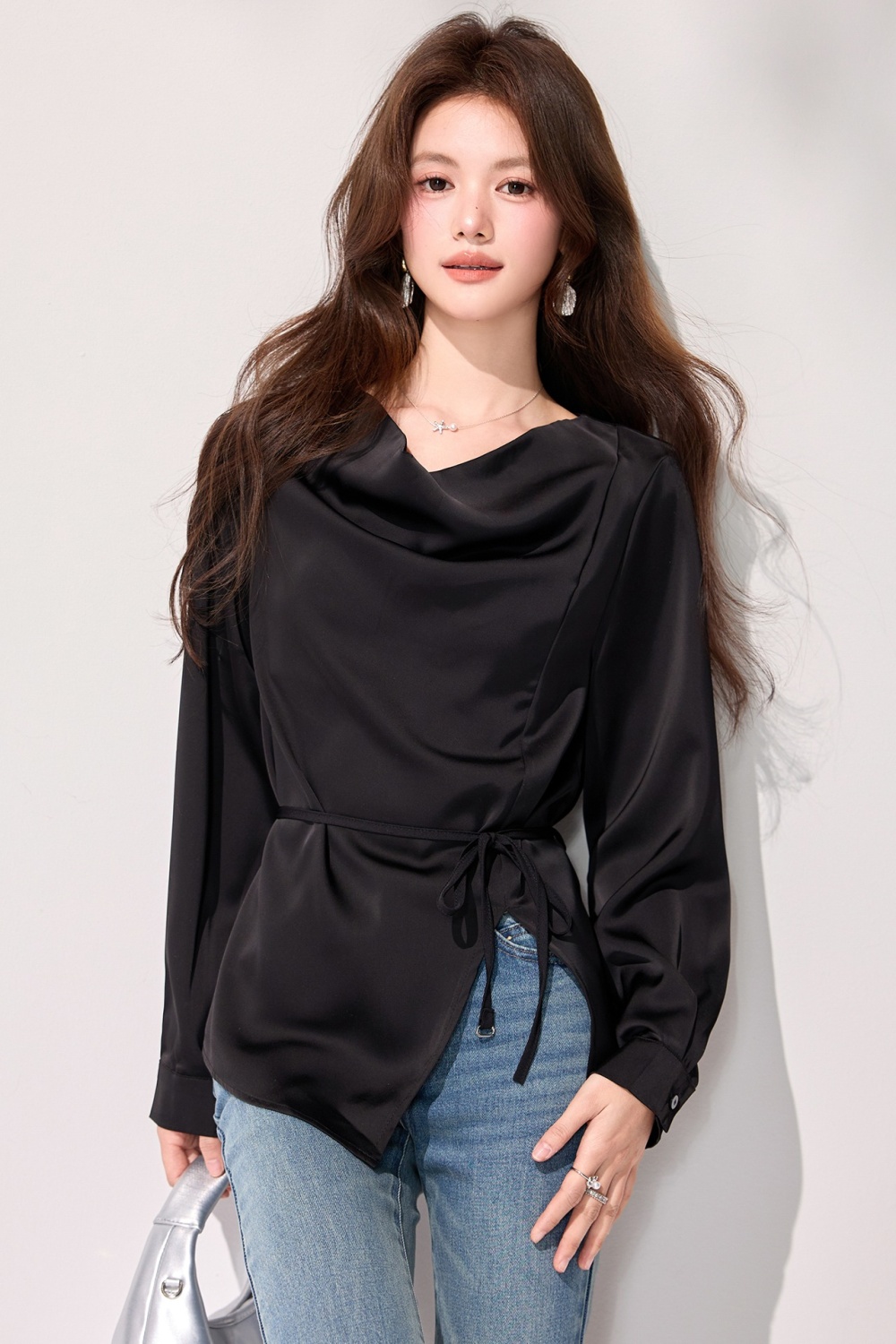 Temperament split shirt spring satin tops