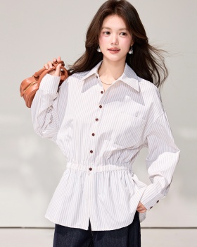 Stripe loose slim mixed colors pinched waist shirt for women