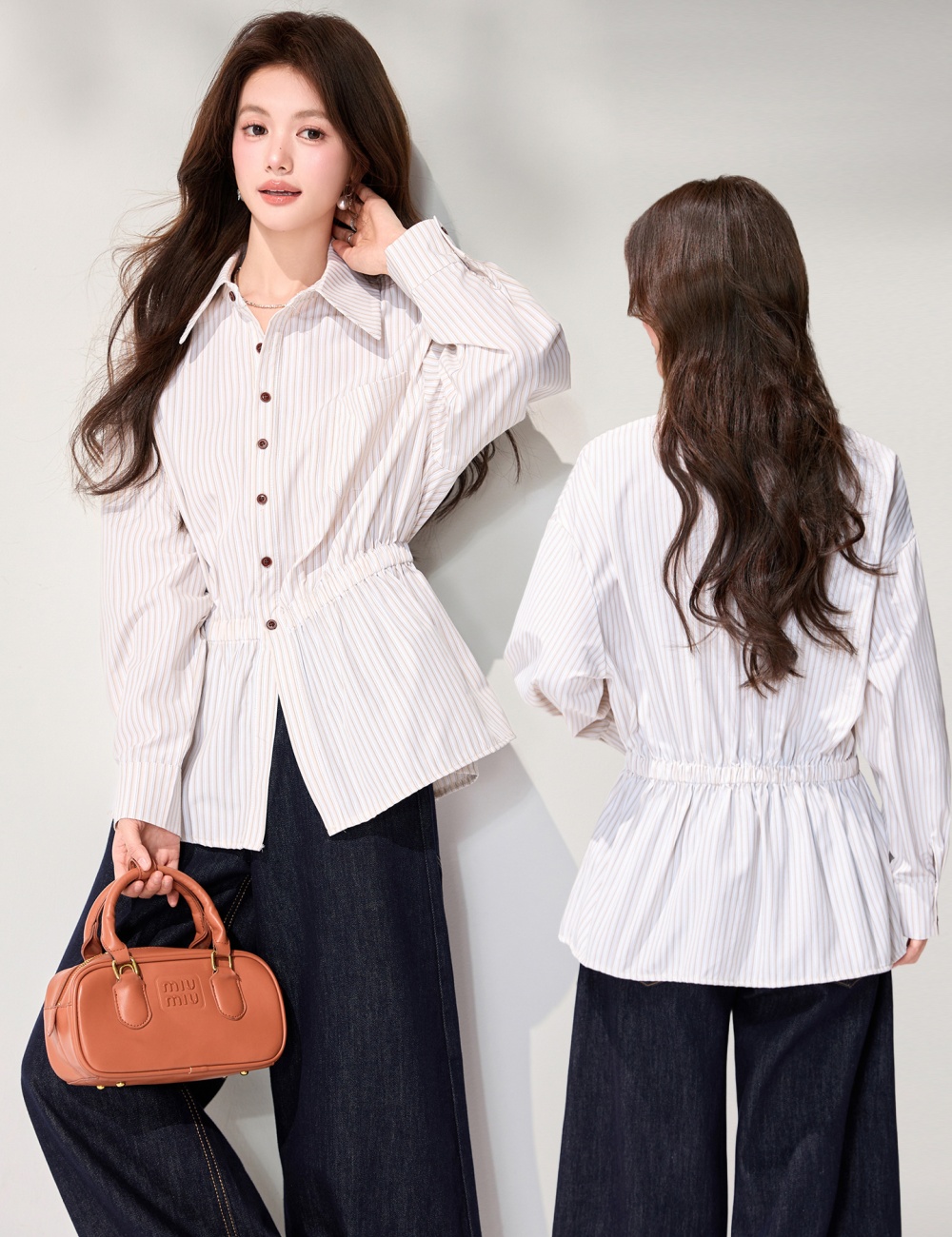 Stripe loose slim mixed colors pinched waist shirt for women