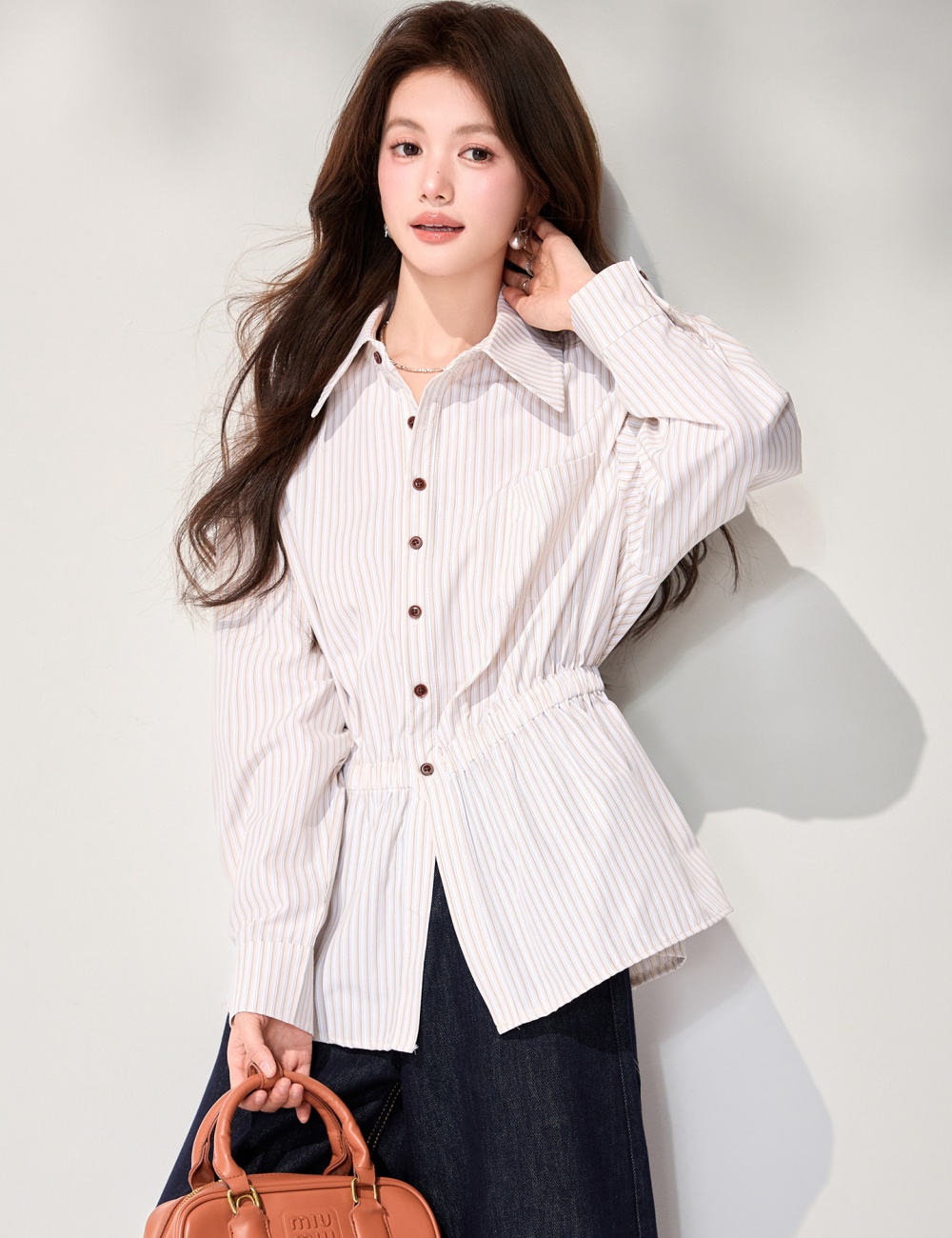 Stripe loose slim mixed colors pinched waist shirt for women