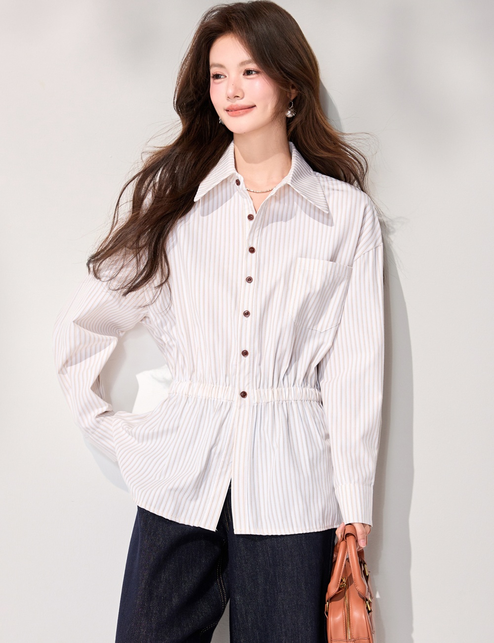 Stripe loose slim mixed colors pinched waist shirt for women