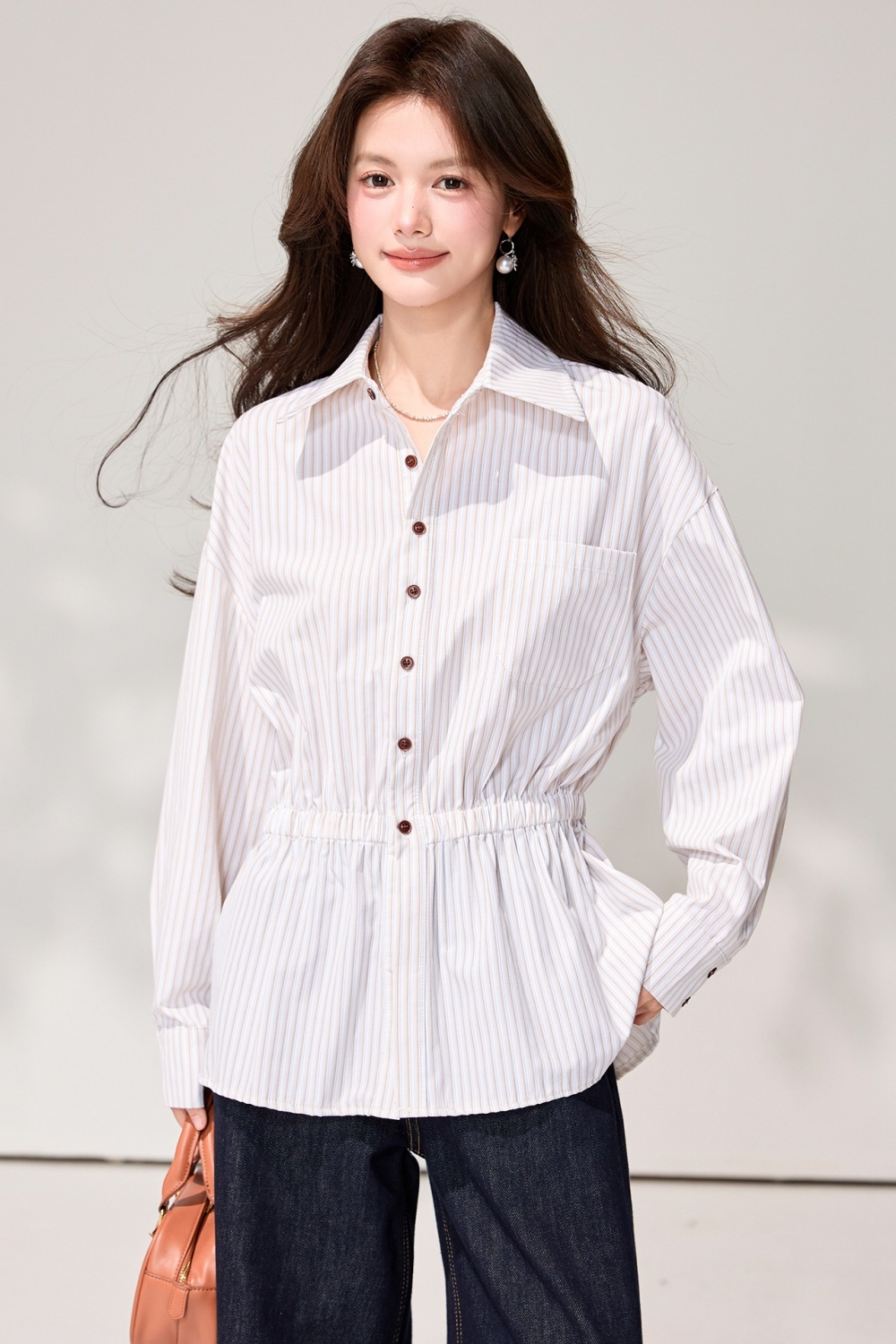 Stripe loose slim mixed colors pinched waist shirt for women