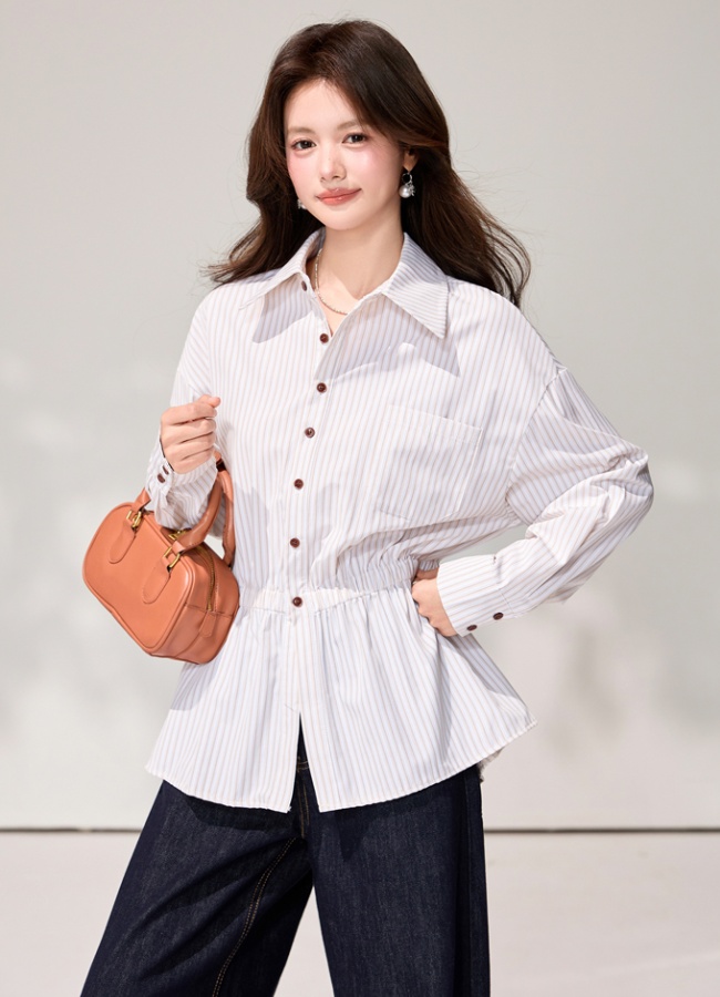 Stripe loose slim mixed colors pinched waist shirt for women