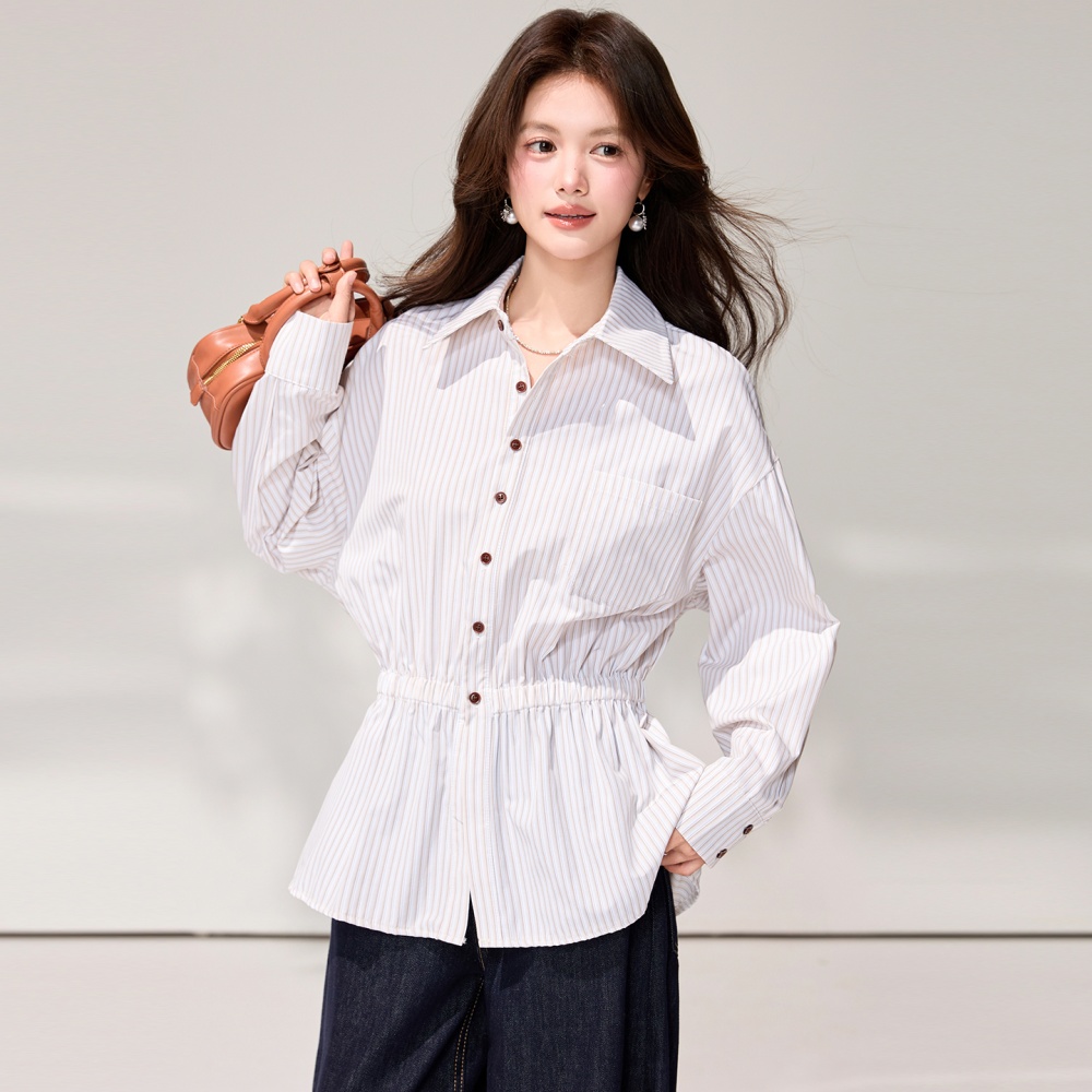 Stripe loose slim mixed colors pinched waist shirt for women