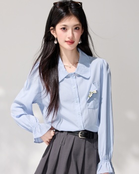 Trumpet sleeves lapel long sleeve shirt spring blue tops