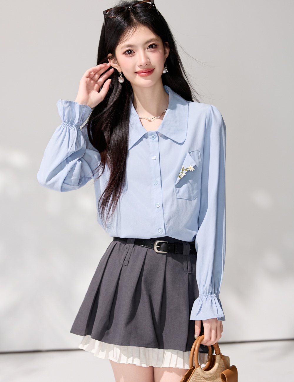Trumpet sleeves lapel long sleeve shirt spring blue tops