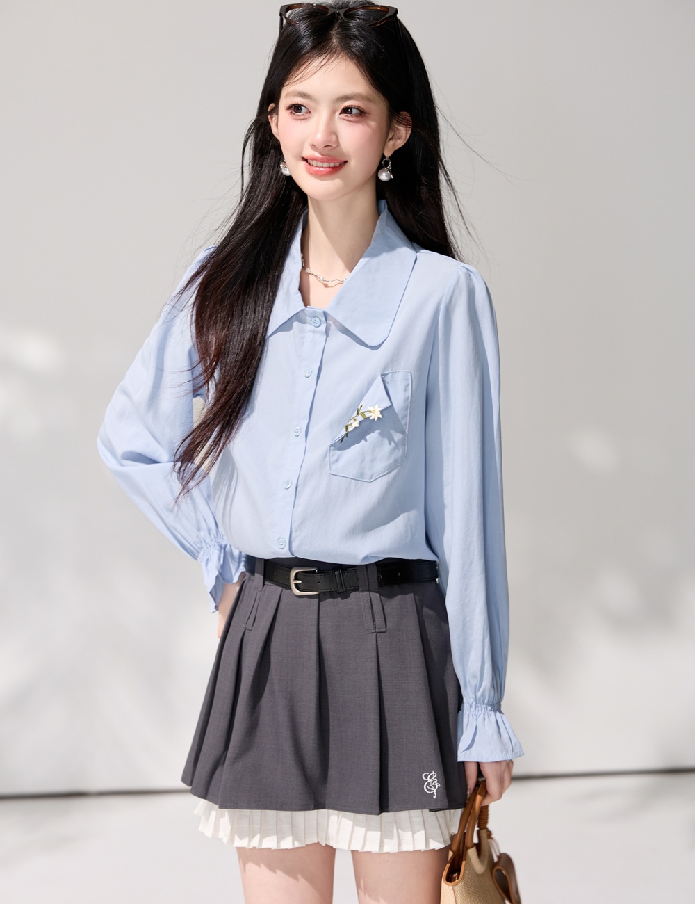 Trumpet sleeves lapel long sleeve shirt spring blue tops