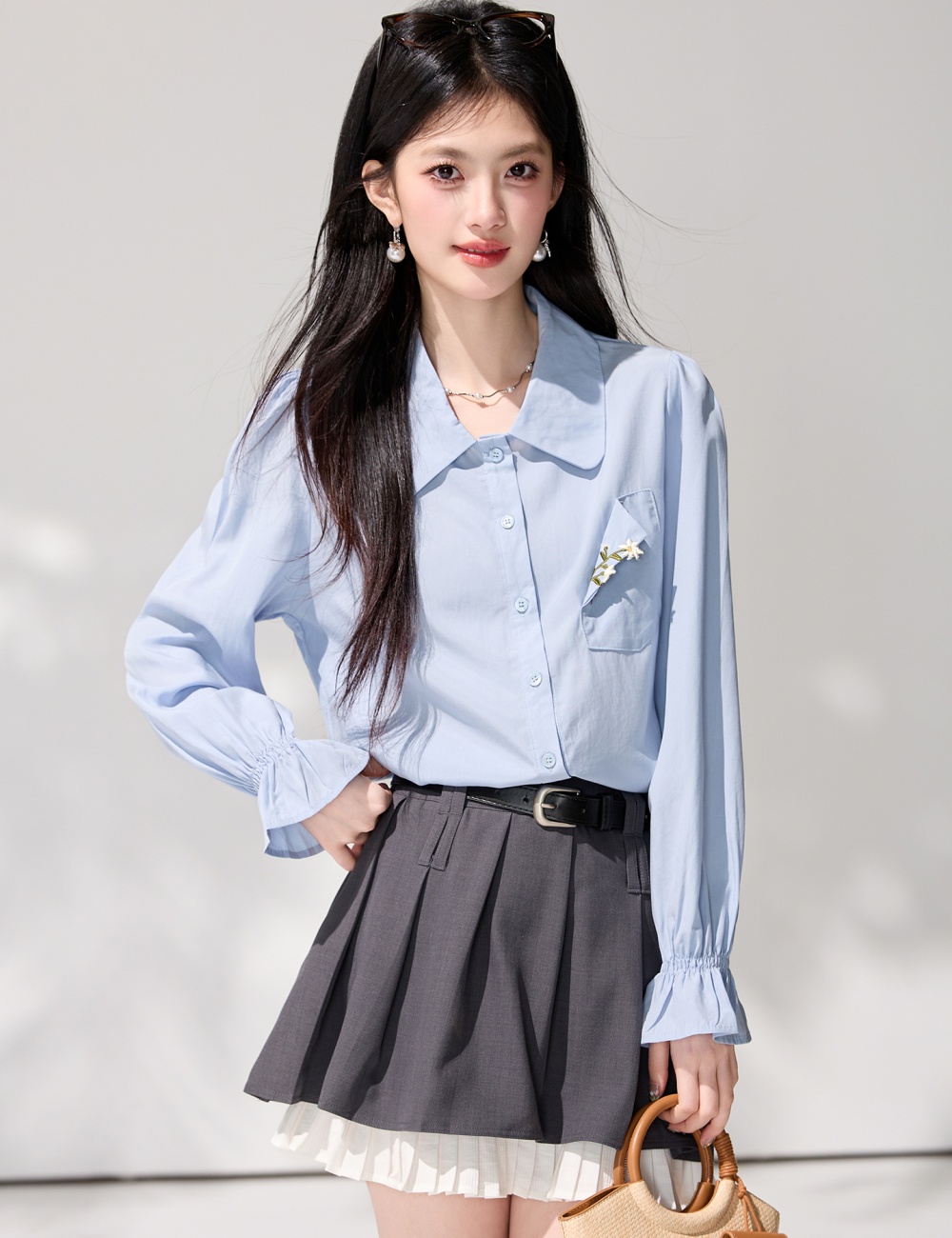 Trumpet sleeves lapel long sleeve shirt spring blue tops