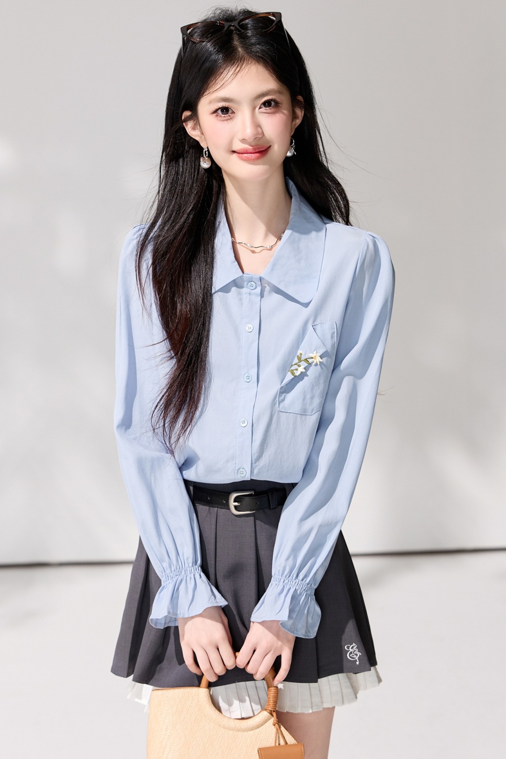 Trumpet sleeves lapel long sleeve shirt spring blue tops